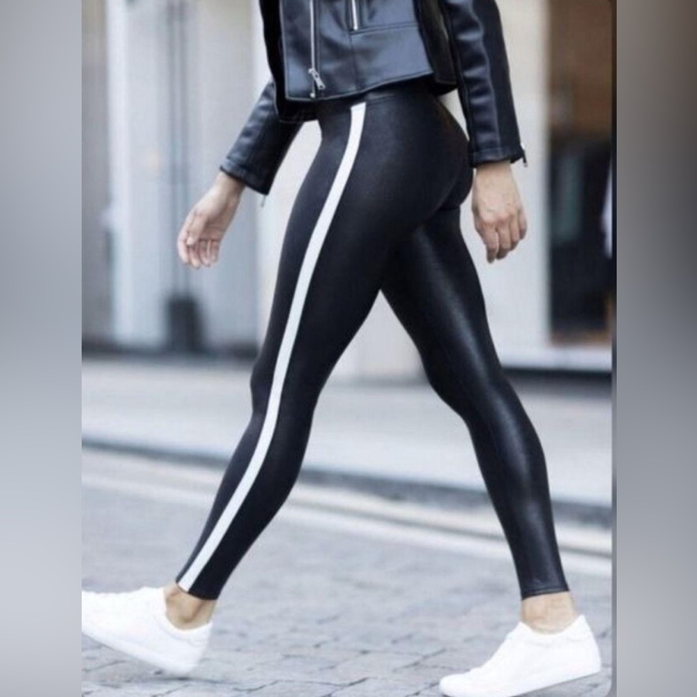 SPANX Black Leggings with White Faux Leather Stripe